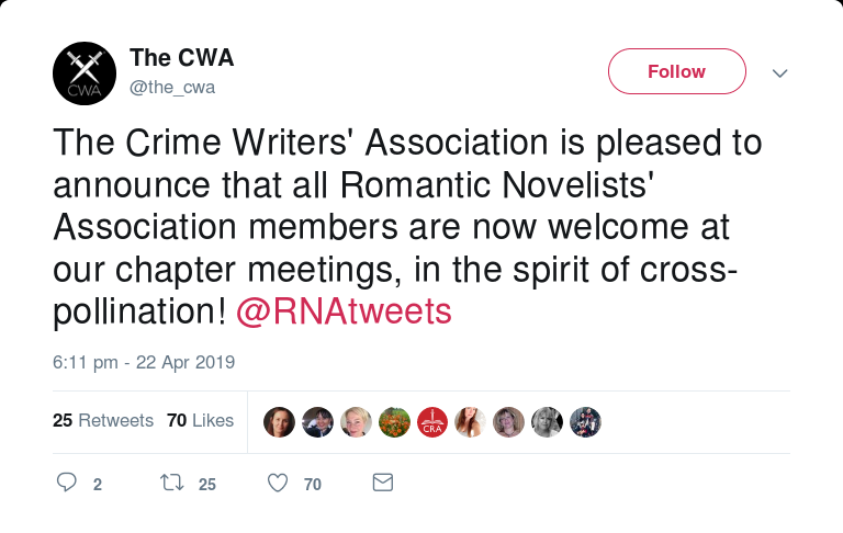 Tweet from the Crime Writers' Association saying they're "pleased to announce that all Romantic Novelists' Association members are now welcome at our chapter meetings, in the spirit of cross-pollination!" (22 April 2019)