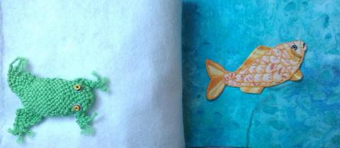 A toad is on the left and there's a goldfish on a watery background on the right