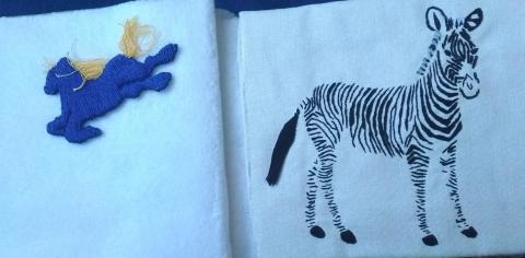 A flying blue horse with a golden mane and tail and a zebra
