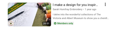 A screenshot of a YouTube video thumbnail showing the original drawing by Sarah Homfray and embroidery threads